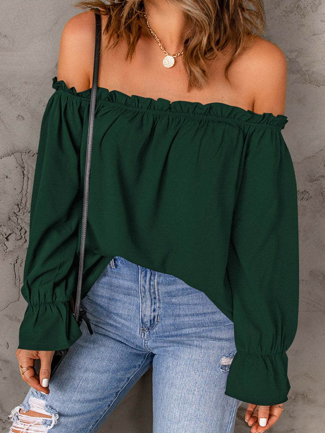 Off-Shoulder Flounce Sleeve Blouse Trendsi ee14222526244bf8b579069a19d22a87-Max