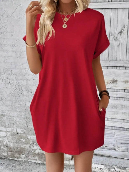 Pocketed Round Neck Short Sleeve Dress Deep Red Trendsi ee3924df-ffba-47c2-800d-c7aabd2c23ba-Max