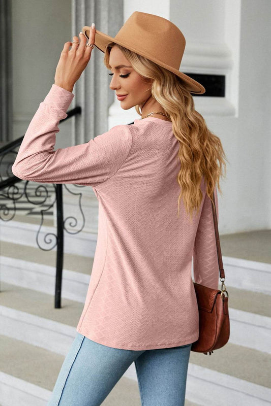 Notched Neck Long Sleeve Buttoned Blouse Trendsi ee423c2238944ece8ab40ade30b82825-Max