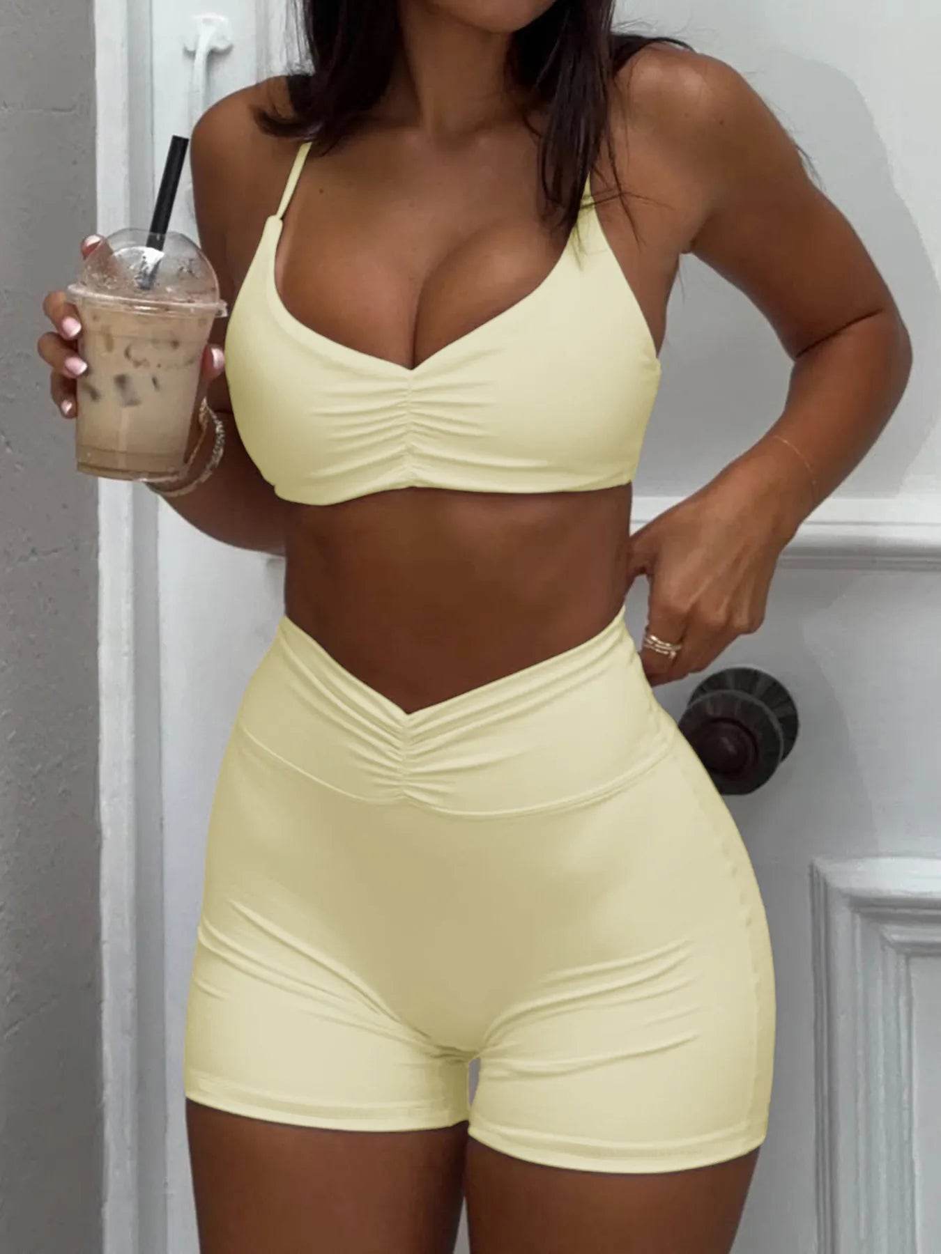 Ruched Sports Bra and High-Waisted Shorts Active Set Yellow Trendsi ee4fac5e093840fb87281312328b0c3b-Max-Origin
