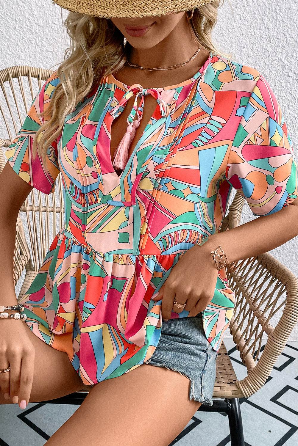Printed Tie Neck Short Sleeve Blouse Trendsi ee63caa6f8944bb681a349c1cf45a31a-Max