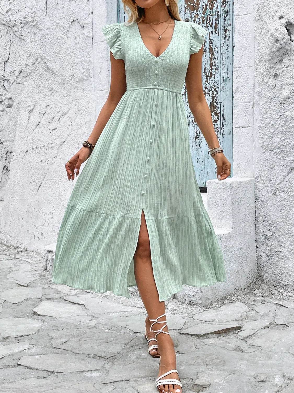 V-Neck Ruffled Cap Sleeve Dress Light Green Trendsi ee651e4a-0d38-4182-8f45-812d11eb365c-Max-Origin