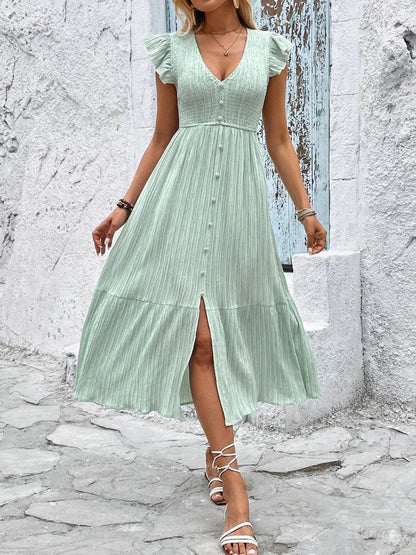 V-Neck Ruffled Cap Sleeve Dress Light Green Trendsi ee651e4a-0d38-4182-8f45-812d11eb365c-Max-Origin
