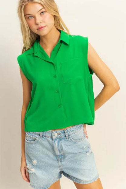 HYFVE Buttoned Front Sleeveless Collar Shirt KELLY GREEN Trendsi ee8ea81b4f1145c7b257db29cee7d33a-Max-Origin