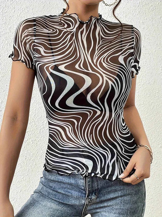 Psychedelic Wave Print Mock Neck T-Shirt Black Trendsi ee9b3d17f1654213bc4df3d3418ee105-Max-Origin