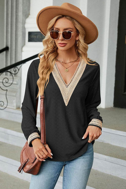 V-Neck Long Sleeve Blouse Black Trendsi eea28a35e6754ac8bea3c133830e4e5e-Max