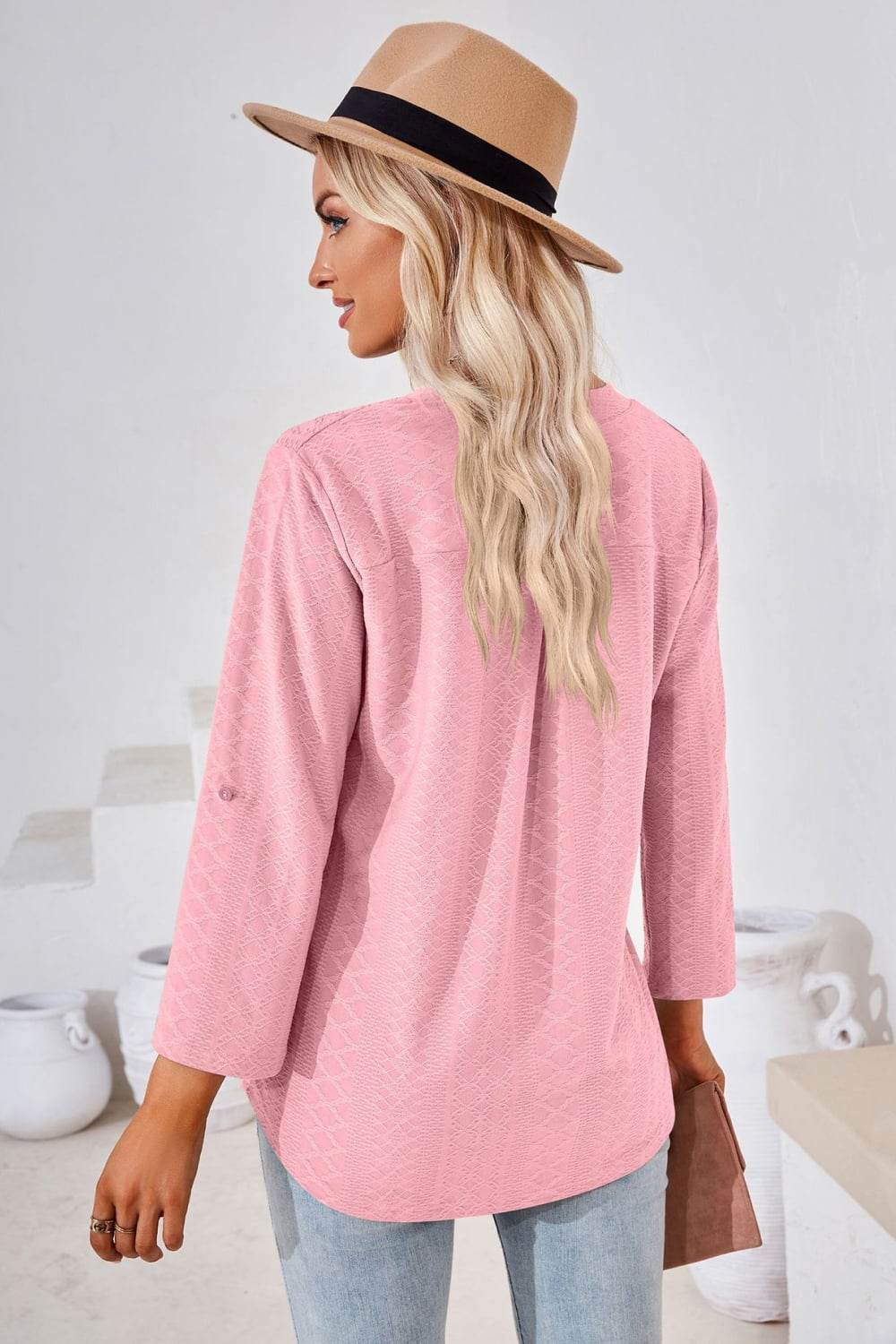 V-Neck Roll-Tap Sleeve Blouse Trendsi eeda32623b50497ca54eaddbc6caa42c-Max