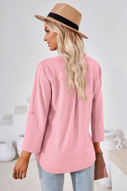 V-Neck Roll-Tap Sleeve Blouse Trendsi eeda32623b50497ca54eaddbc6caa42c-Max