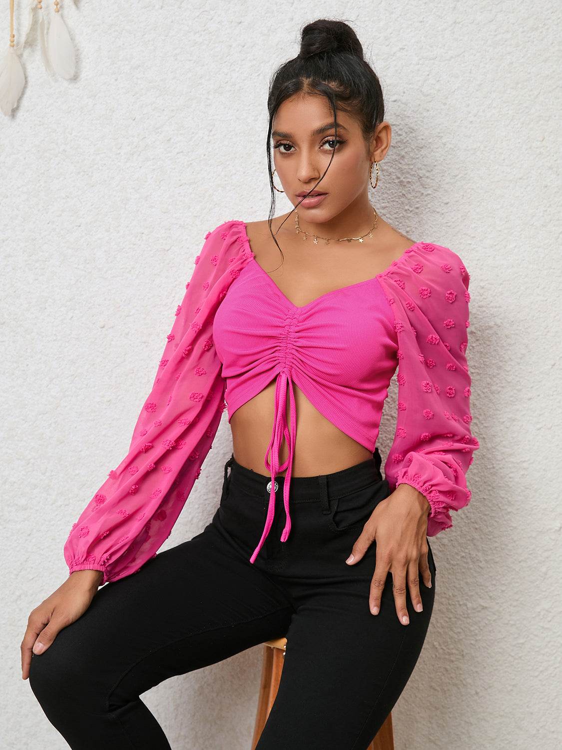 Swiss Dot Drawstring Cropped Blouse Hot Pink Trendsi eedbeea2254e49e6bcecfb70ce7cab7c-Max