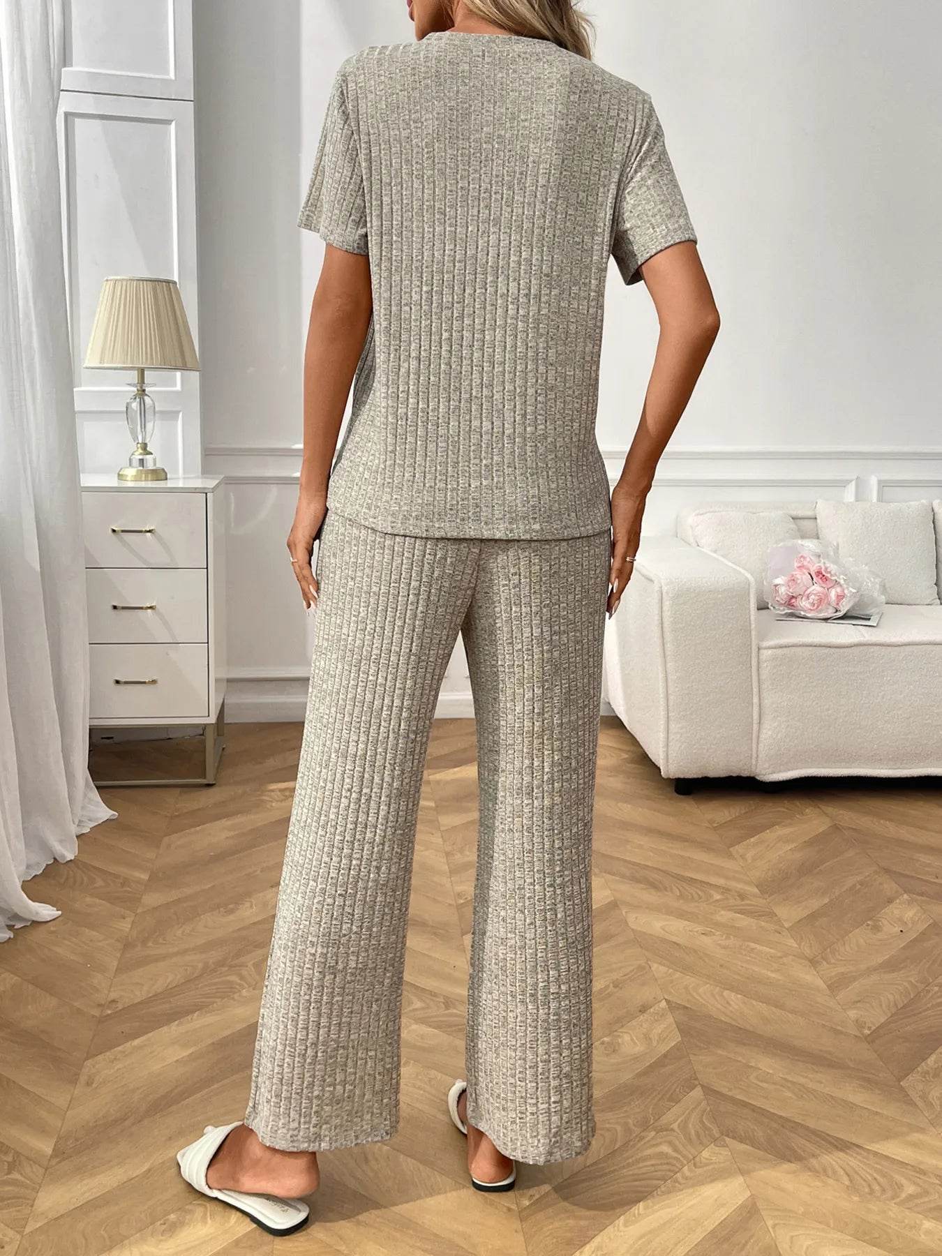 Ribbed Knit Short Sleeve Top and Pants Lounge Set Trendsi eee3a5dfd2bb42c78ee05896c448e8c3-Max-Origin