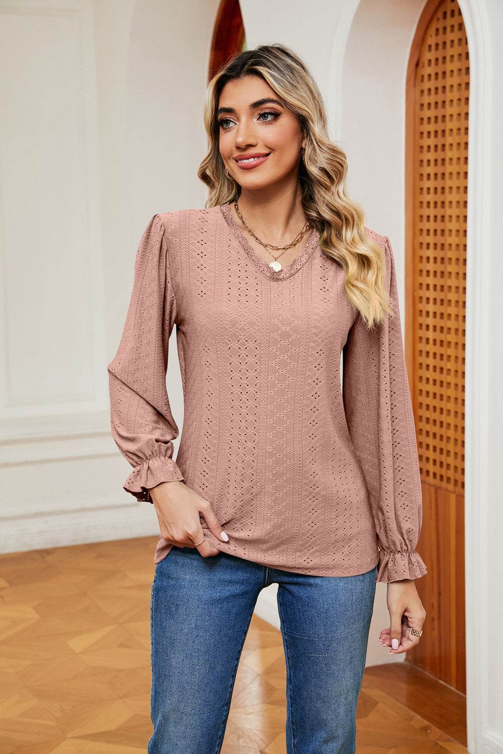 V-Neck Flounce Sleeve Blouse Dusty Pink Trendsi eeff322e44ee4b2f93654d5e2b79e72f-Max