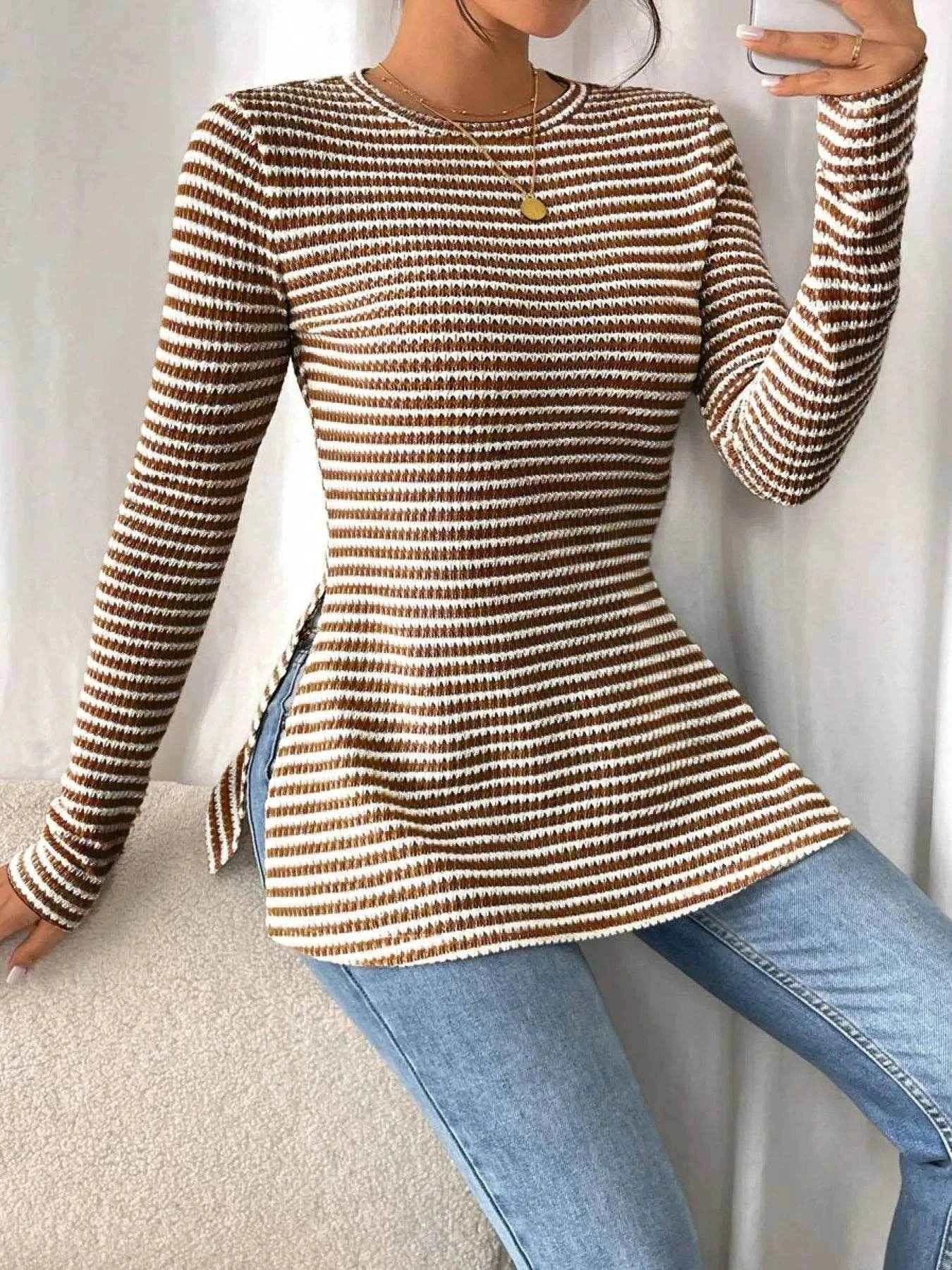Side Slit Striped Long Sleeve T-Shirt Brown Trendsi ef262504b4804731a62d8b9d2116e822-Max-Origin