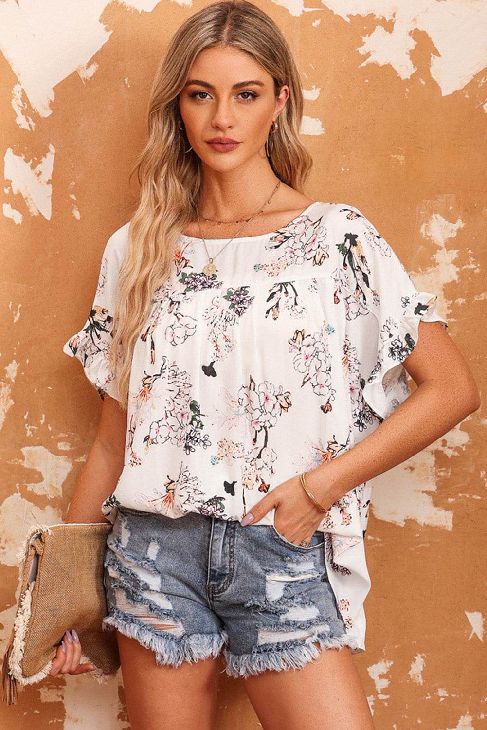 Floral Boat Neck Flounce Sleeve Blouse Floral Trendsi ef3b3bb76a2d45718578cb47a678aab9-Max