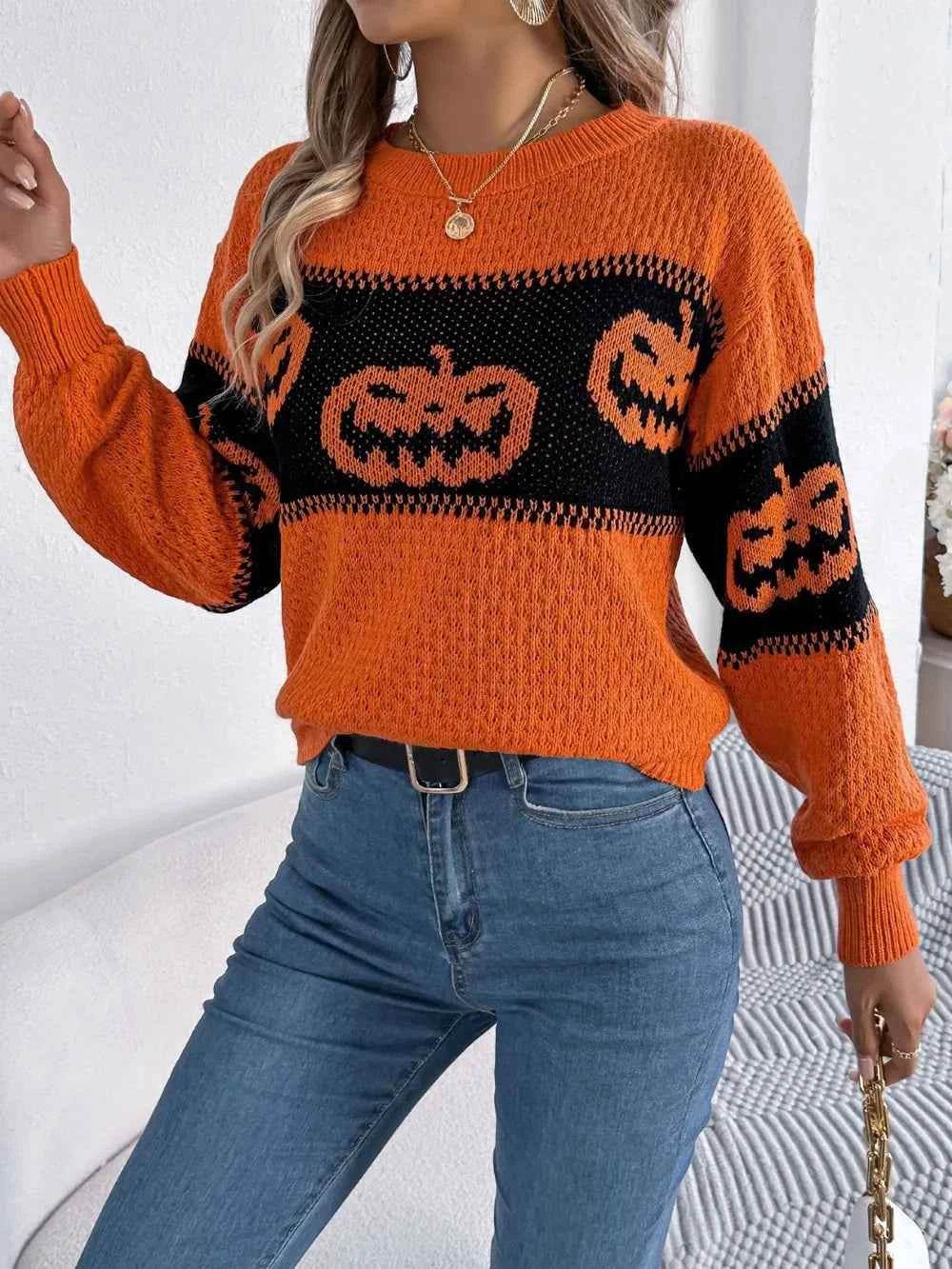 Pumpkin Round Neck Long Sleeve Sweater Trendsi ef4151cb-8534-431e-9a50-045216cb34a1-Max