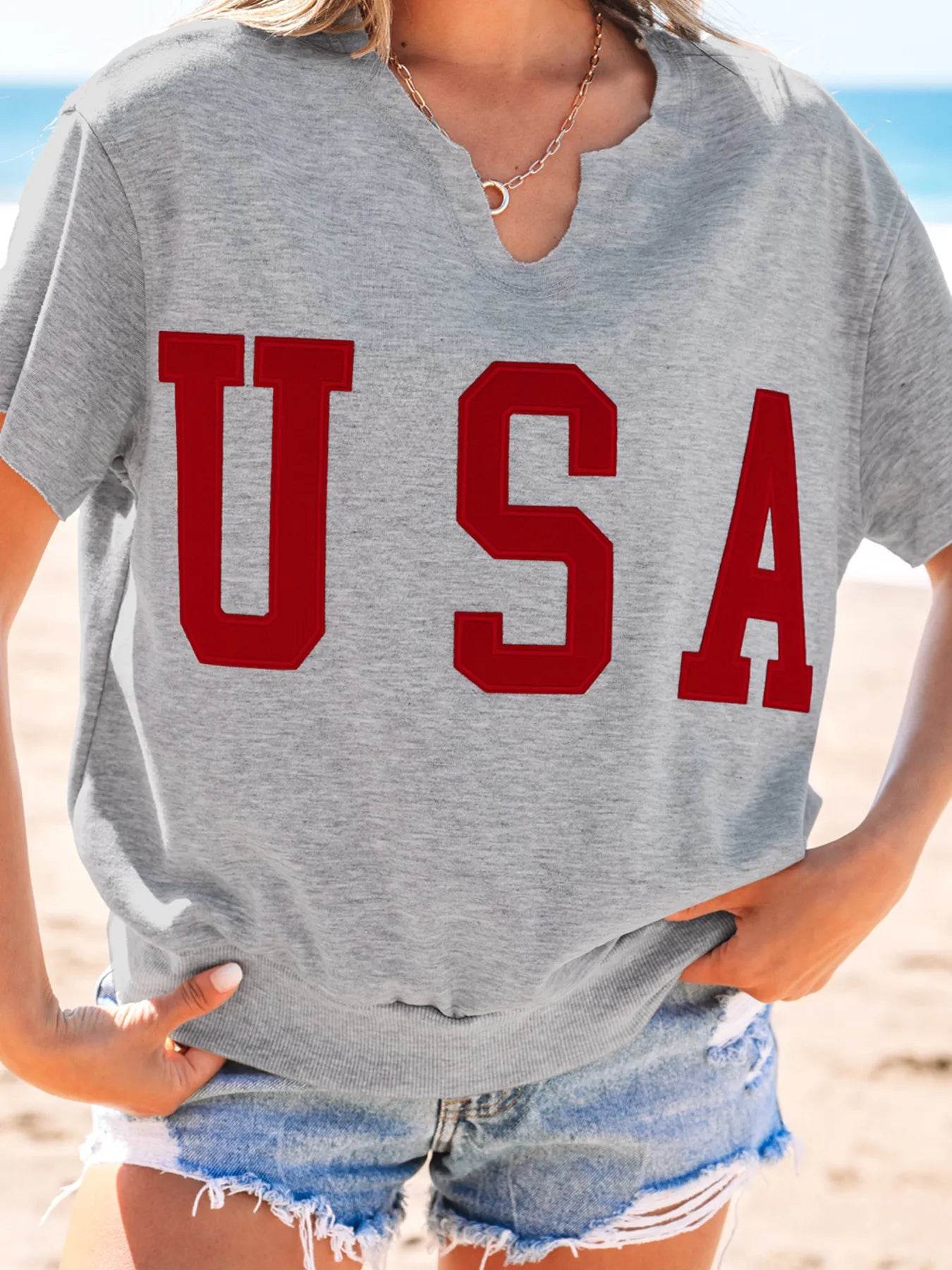 USA Lettering Patch Notched Neck T-Shirt Trendsi efa3f6e93b51469f8891e1d314d85dac-Max-Origin
