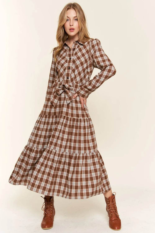 And the Why Plaid Tiered Midi Shirt Dress Brown Trendsi efb2c200-ce63-45df-a85f-022268b01b6d-Max