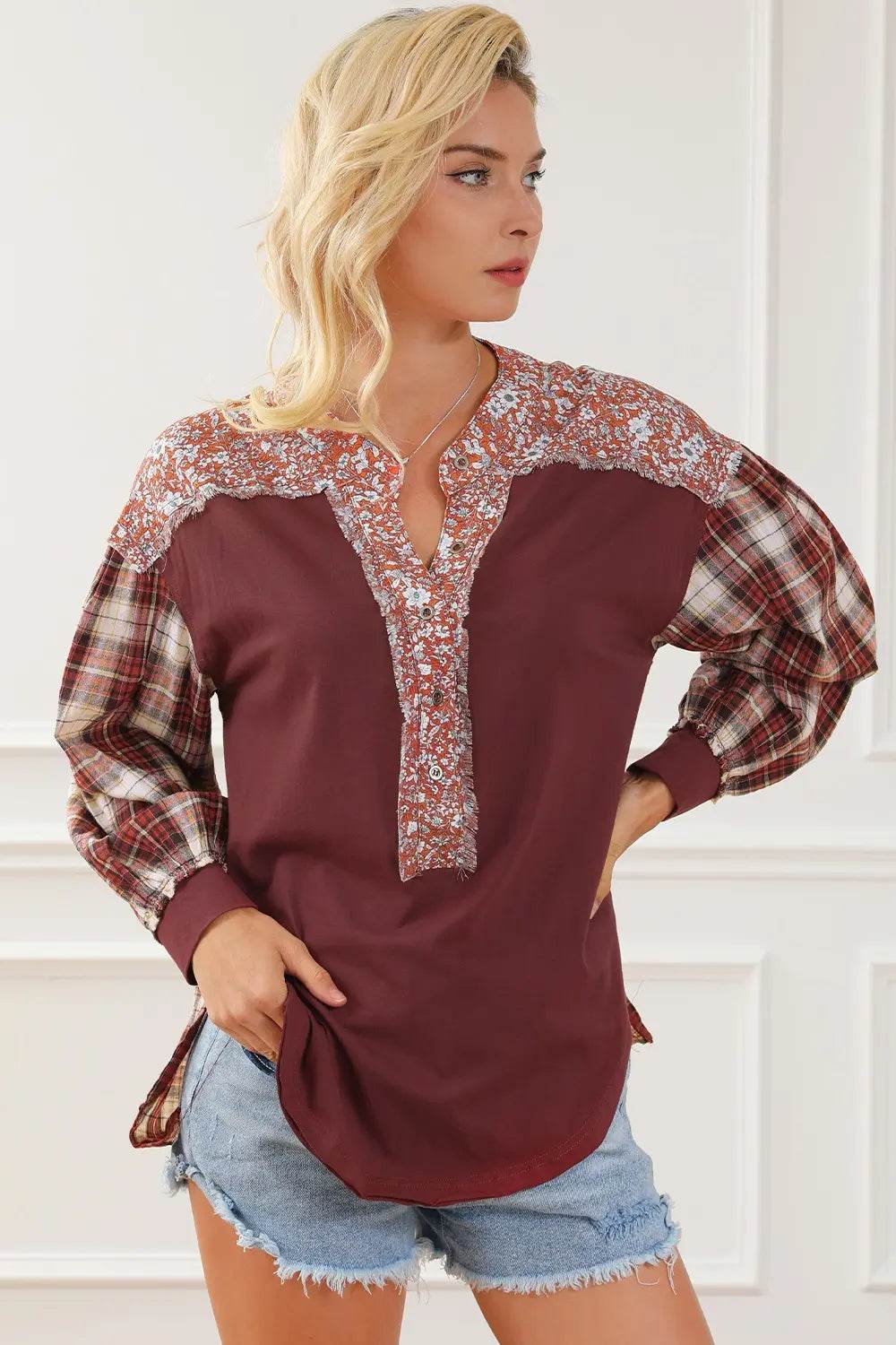 Plaid Notched Neck Slit Blouse Burgundy Trendsi efc75049d6a74ebe832ab2ccac8981cf-Max