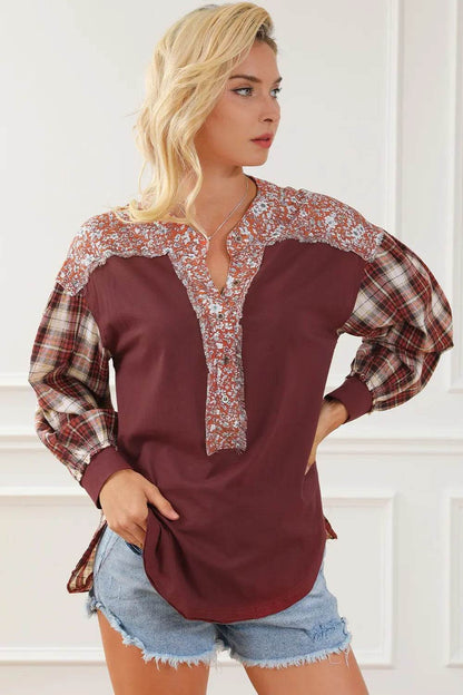 Plaid Notched Neck Slit Blouse Burgundy Trendsi efc75049d6a74ebe832ab2ccac8981cf-Max