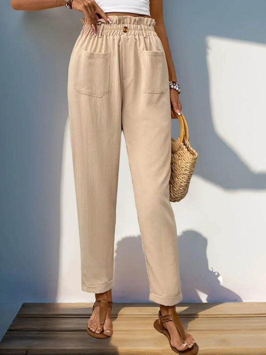 Perfee Frill High Waist Pants with Pockets Tan Trendsi efc8cb52-0b83-4841-9a9a-534b75c88d87-Max