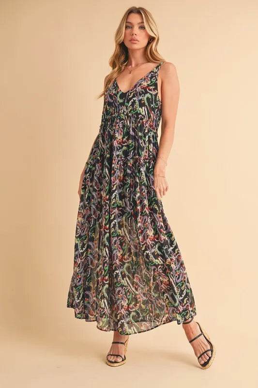 Aemi + Co Printed V-Neck Frill Tiered Cami Dress Trendsi efcece6c-2050-4d99-b05e-dcbce78375e9-Max