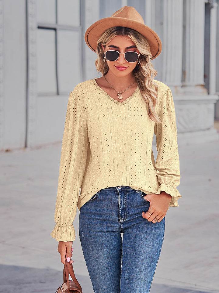 Eyelet V-Neck Flounce Sleeve Blouse Trendsi efd7077ccdb5462f85acf490ba768bd9-Max