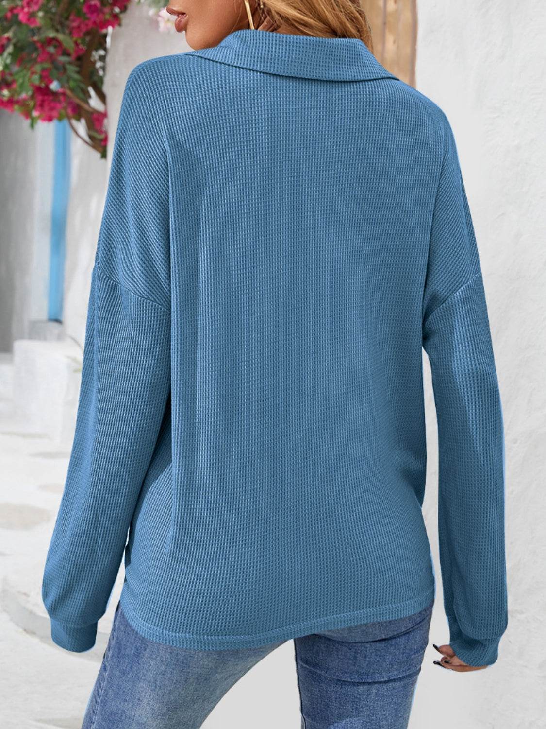 Half Button Collared Neck Long Sleeve Top Trendsi efeff980d0a549b681d9aa9b7c7c3aed-Max
