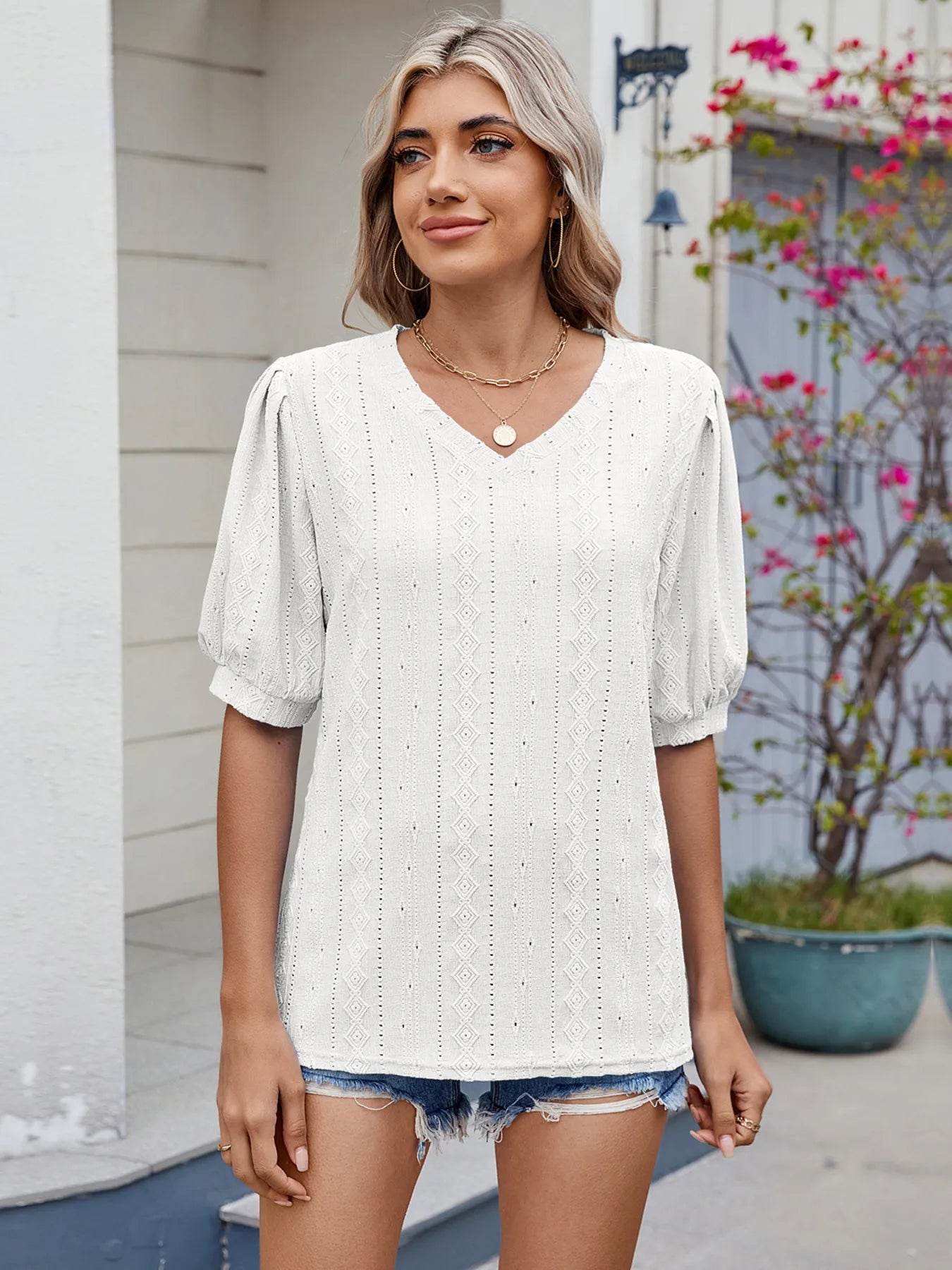 Eyelet V-Neck Puff Sleeve Casual Top White Trendsi effd95c53e8b422b8ae53b32b3106376-Max-Origin
