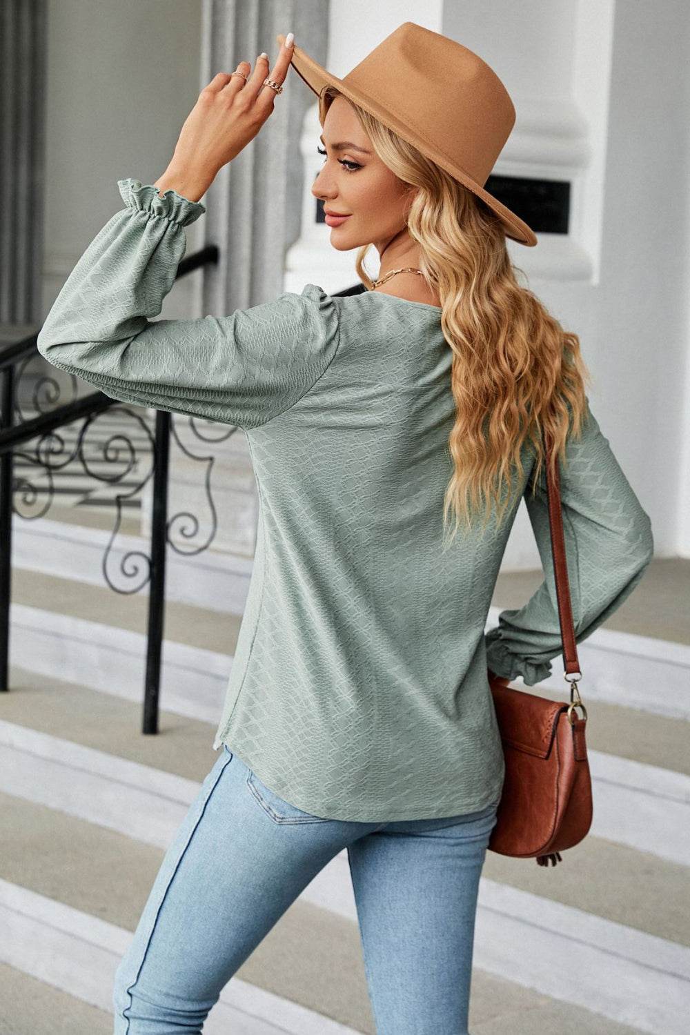 Round Neck Flounce Sleeve Blouse Trendsi f02262b2da784c9a813a19cf88baa2c3-Max