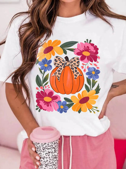 Pumpkin Floral Graphic Round Neck T-Shirt Trendsi f02ca710ca994c54ae52d20a48214a38-Max-Origin