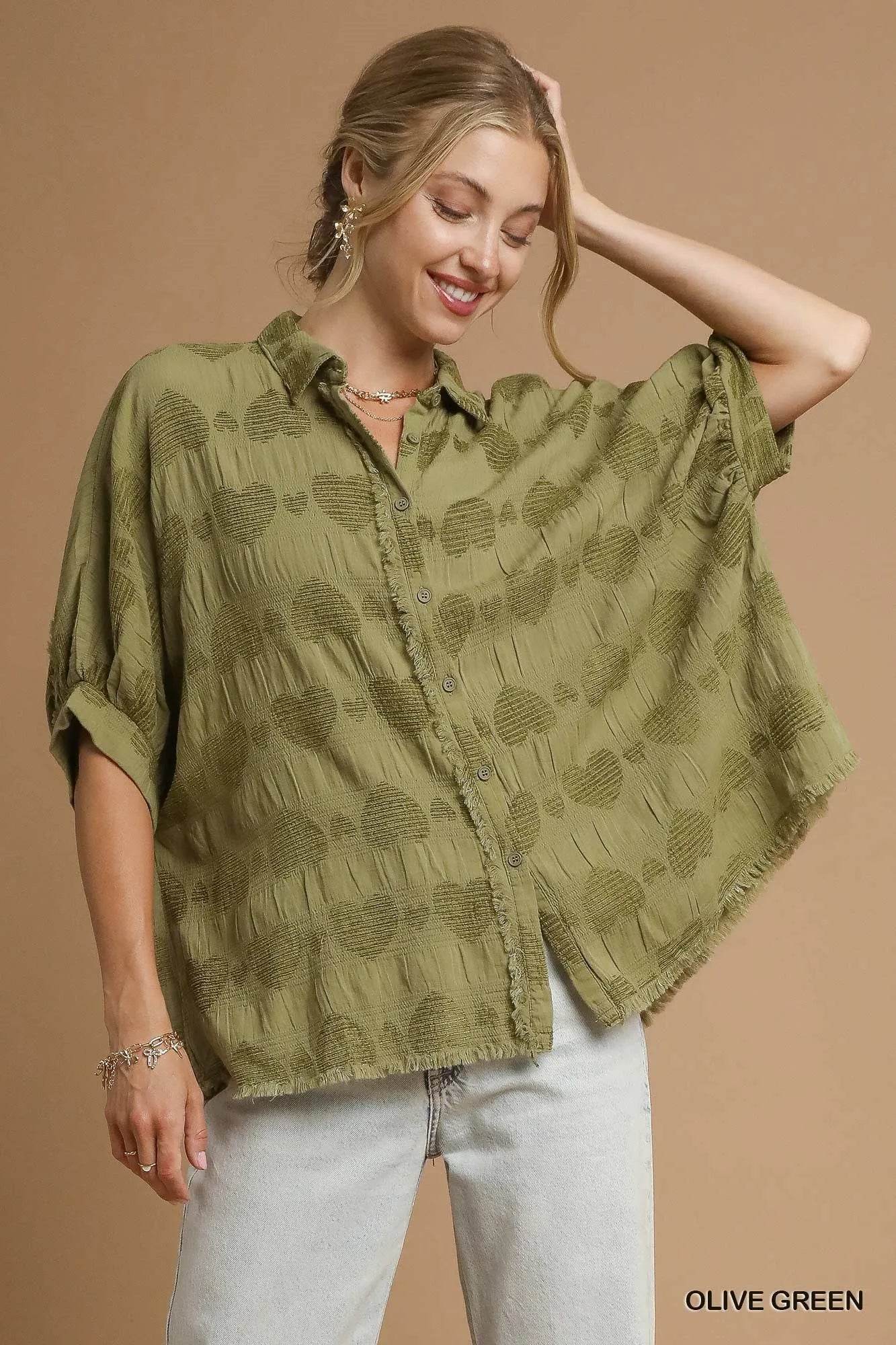 Umgee Jacquard Heart Collared Shirt OLIVE GREEN Trendsi f06a4460-2bb8-490d-a990-57da92af4343-Max-Origin