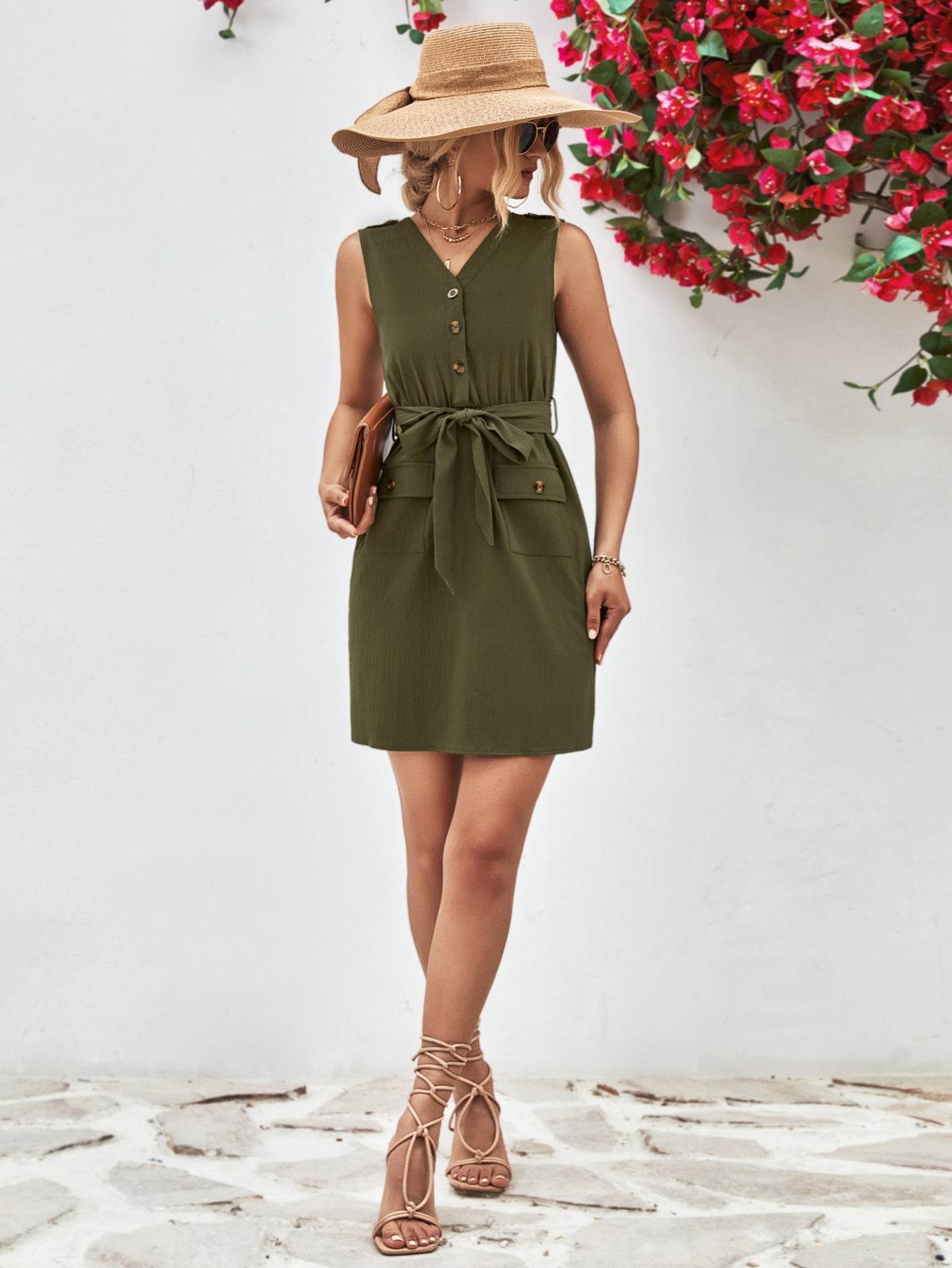 Buttoned V-Neck Belted Sleeveless Dress Trendsi f07fb3da20e44bada1c3de40dbcb097a-Max