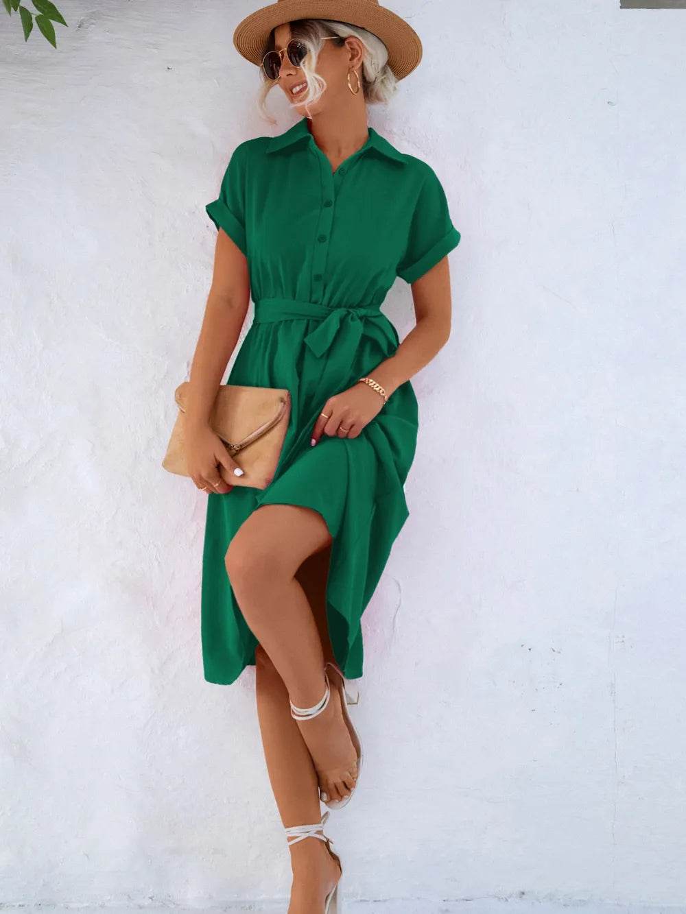 Buttoned Tie Waist Short Sleeve Dress Green Trendsi f0a1c87b-5a03-4d56-be63-b48c8afb5a81-Max