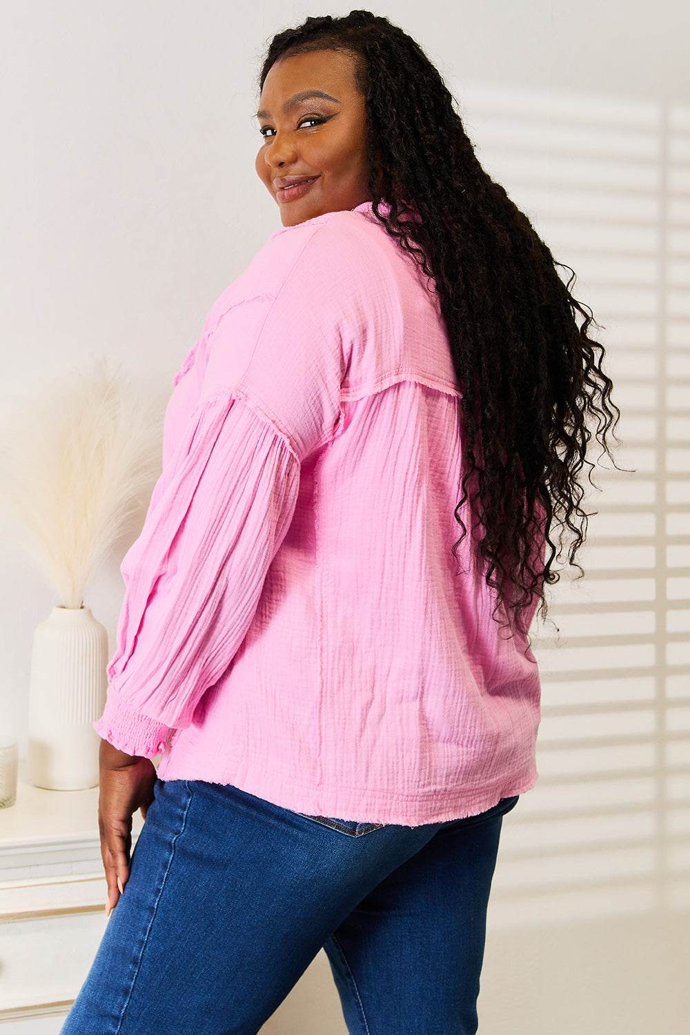 Double Take Exposed Seam Buttoned Notched Neck Blouse Trendsi f126eaa14e994acd9d1001bb92338c70-Max
