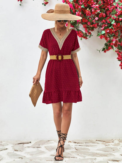 Contrast V-Neck Short Sleeve Mini Dress Trendsi f146d59a9dd04b9cbb2fa7960f18bb81-Max