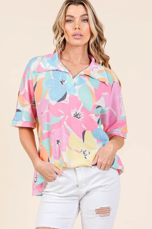 BOMBOM Floral Collared Neck Half Sleeve Top Multicolor Trendsi f15cf34c-3df8-4f62-b24d-aee1bd8c50ee-Max