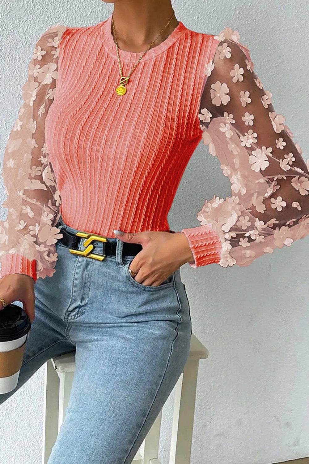 Textured Applique Long Sleeve Blouse Coral Trendsi f1692fec-8fd8-4c1b-86a9-b42900817353-Max