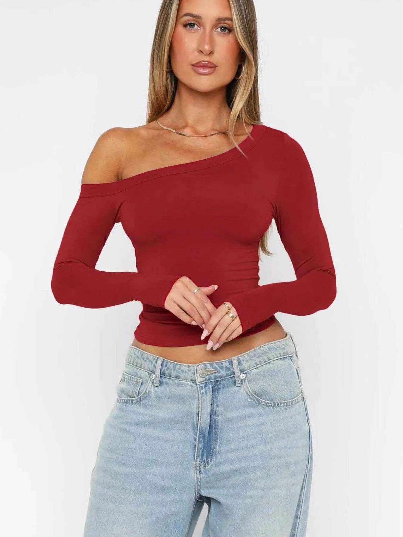 One Shoulder Long Sleeve Crop T-Shirt Trendsi f16bf4f69d1a47e3b8d550c8008fc94e-Max-Origin