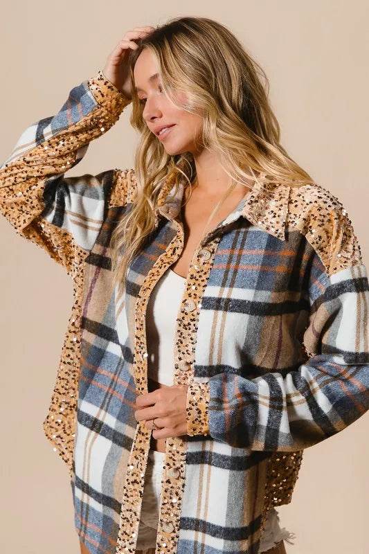 BiBi Curved Hem Sequin Plaid Button Up Shacket Trendsi f1a1ce53-1006-482a-848f-599c9766e05d-Max