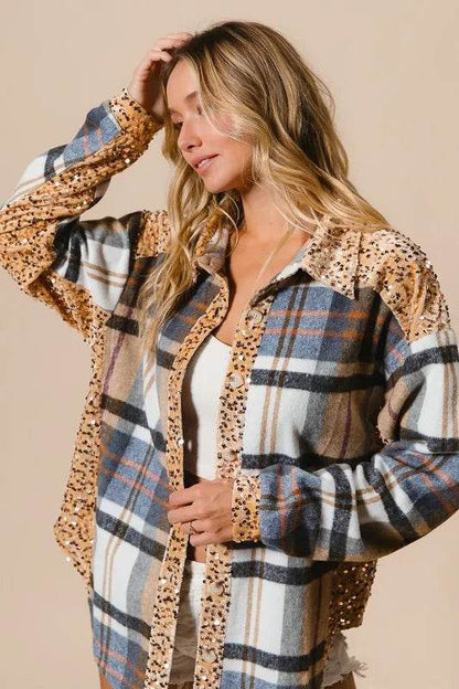 BiBi Curved Hem Sequin Plaid Button Up Shacket Trendsi f1a1ce53-1006-482a-848f-599c9766e05d-Max