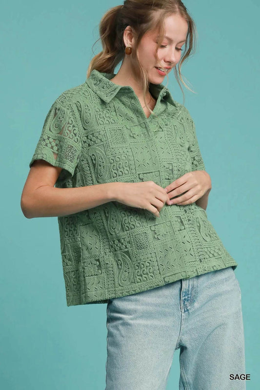 Umgee Patch Lace Short Sleeve Button Down Shirt Sage Trendsi f2034dce-64af-436e-b021-e762bbe80234-Max-Origin