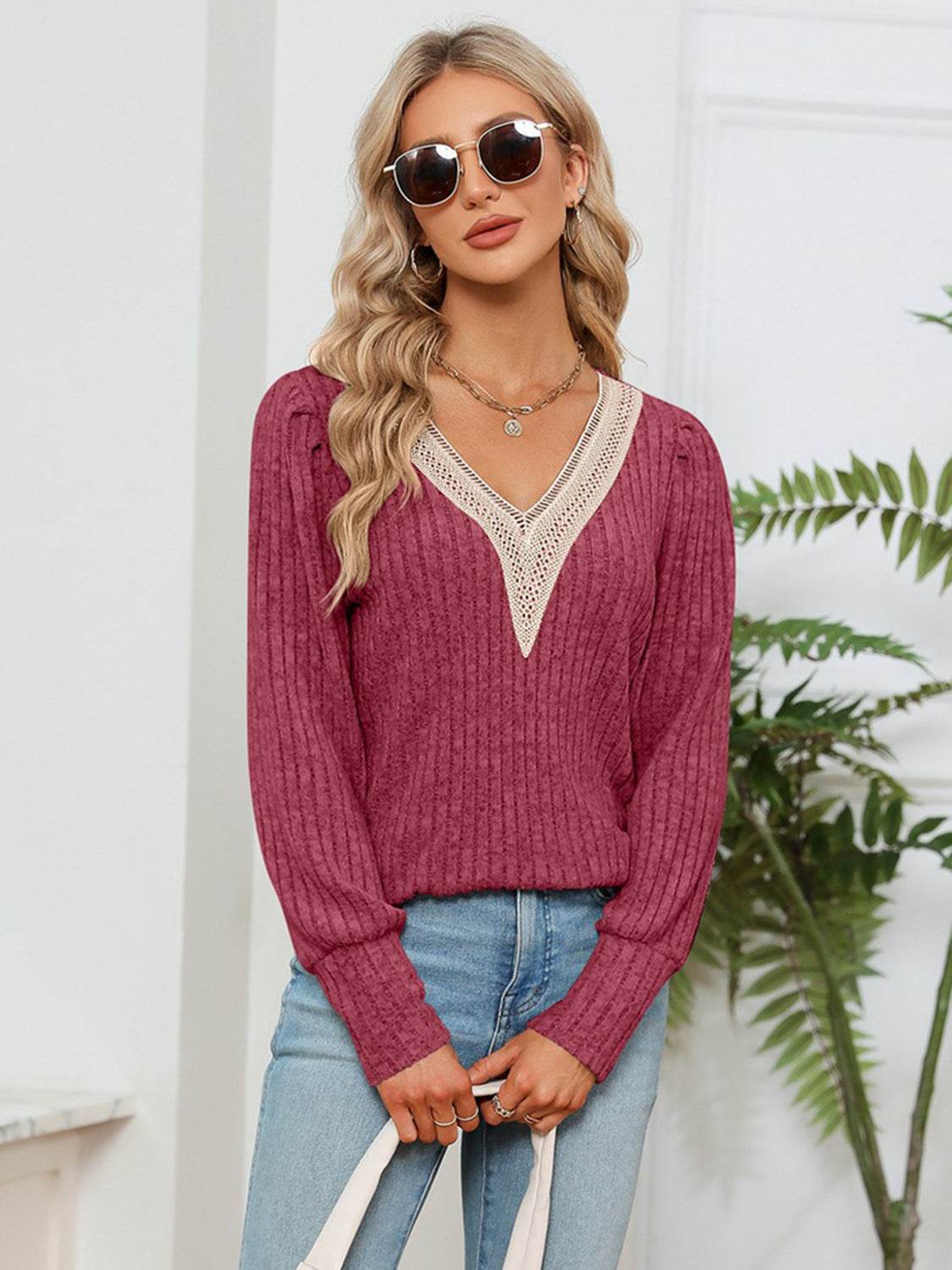 Lace Detail V-Neck Ribbed Blouse Trendsi f207ff44d95b41248f366dadb04475ca-Max