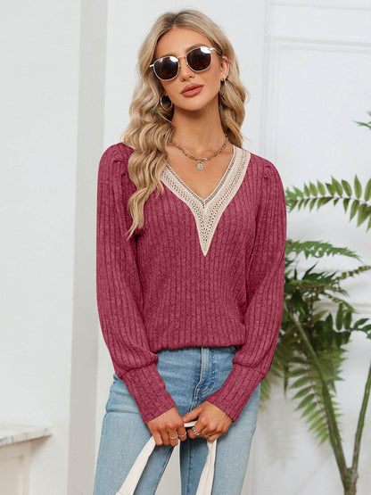 Lace Detail V-Neck Ribbed Blouse Trendsi f207ff44d95b41248f366dadb04475ca-Max
