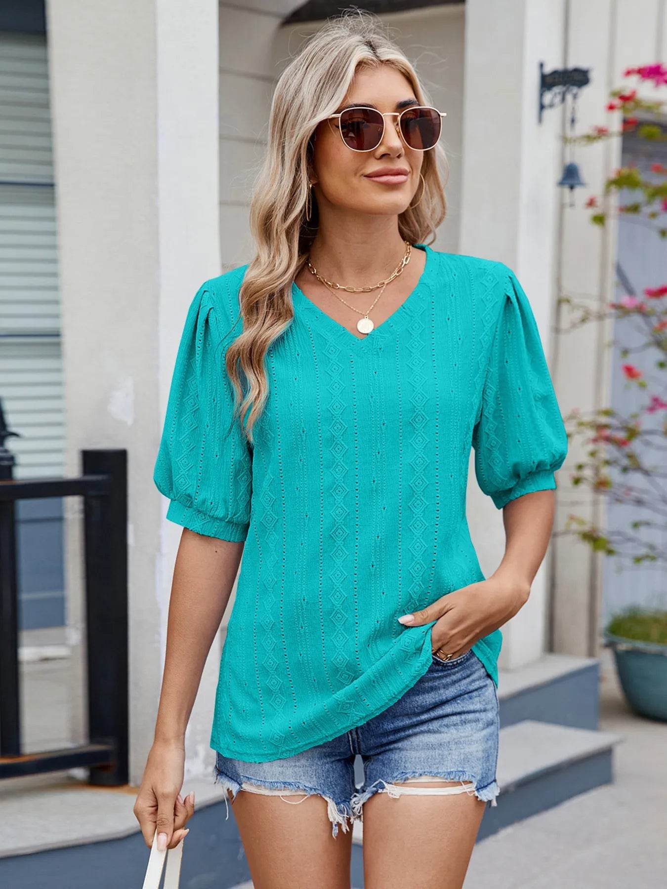 Eyelet V-Neck Puff Sleeve Casual Top Trendsi f220323880c24cc986e17cacbdfb7ffa-Max-Origin
