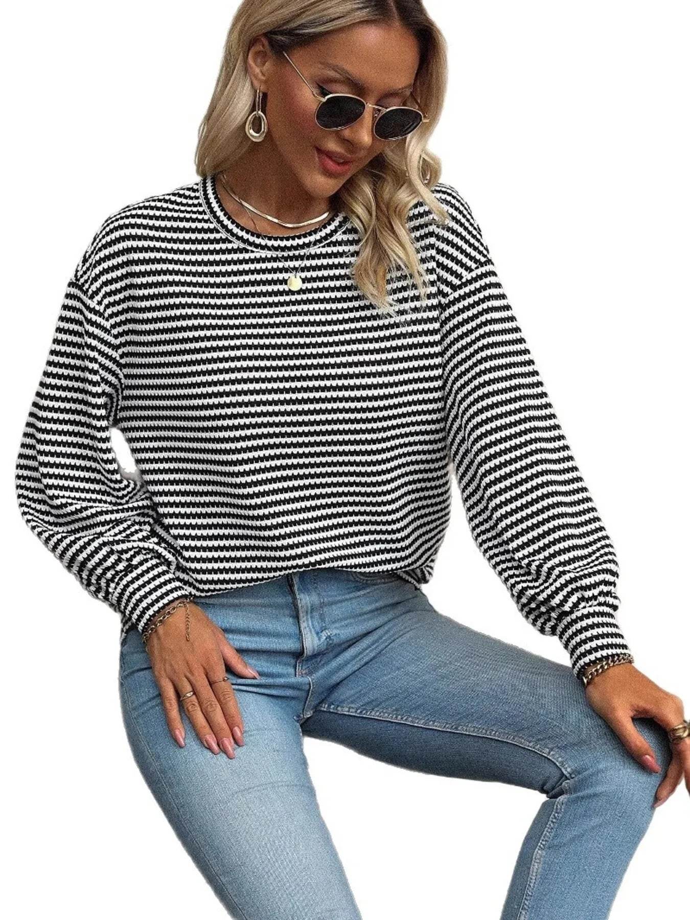 Striped Round Neck Lantern Sleeve Top Trendsi f22850b468774ad5833aac5f9e87881a-Max-Origin