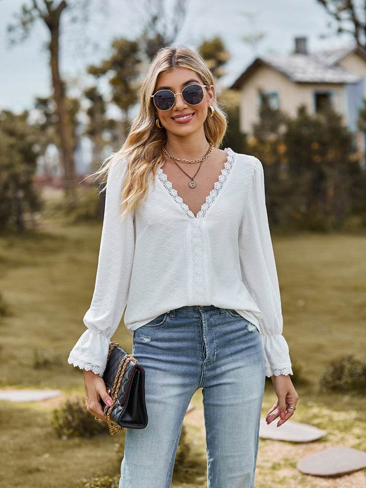 V-Neck Flounce Sleeve Blouse White Trendsi f22fe720d31e4bed9310f96e2a0283be-Max