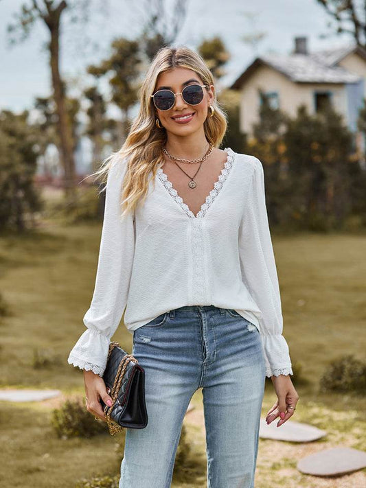 V-Neck Flounce Sleeve Blouse White Trendsi f22fe720d31e4bed9310f96e2a0283be-Max