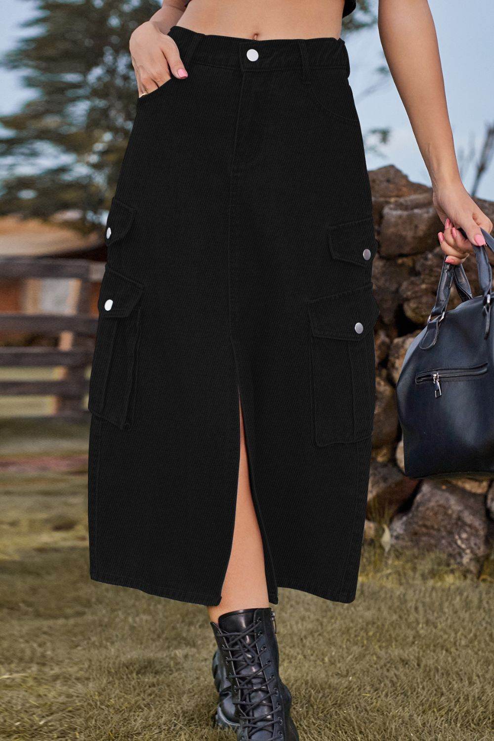 Slit Front Midi Denim Skirt with Pockets Black Trendsi f262bcbd9eb542148b5a29fcee7a7676-Max