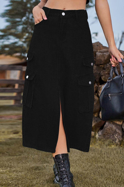 Slit Front Midi Denim Skirt with Pockets Black Trendsi f262bcbd9eb542148b5a29fcee7a7676-Max