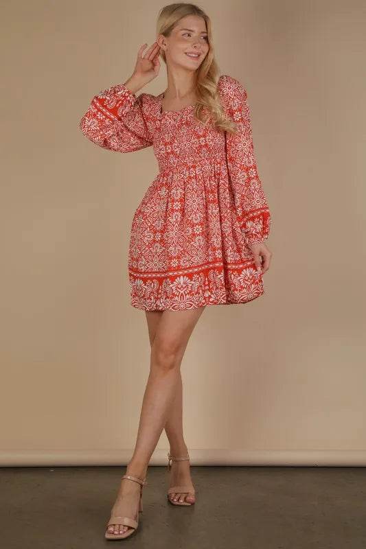 VERY J Printed Smocked Chest Boho Mini Dress Trendsi f2708f7dc00d4f7db4acab5a37d6a0b7-Max-Origin