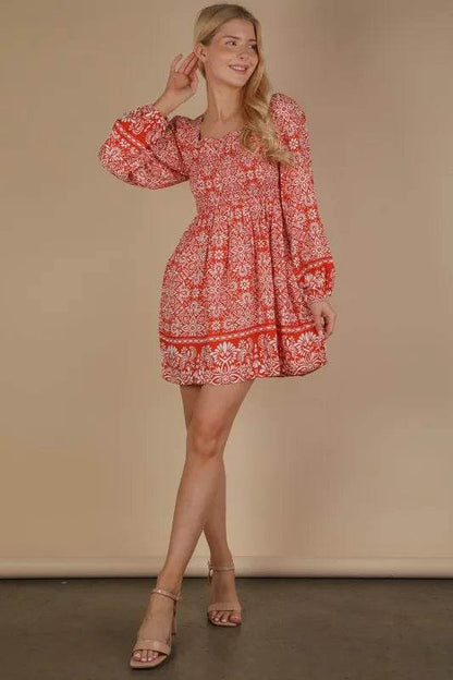 VERY J Printed Smocked Chest Boho Mini Dress Trendsi f2708f7dc00d4f7db4acab5a37d6a0b7-Max-Origin